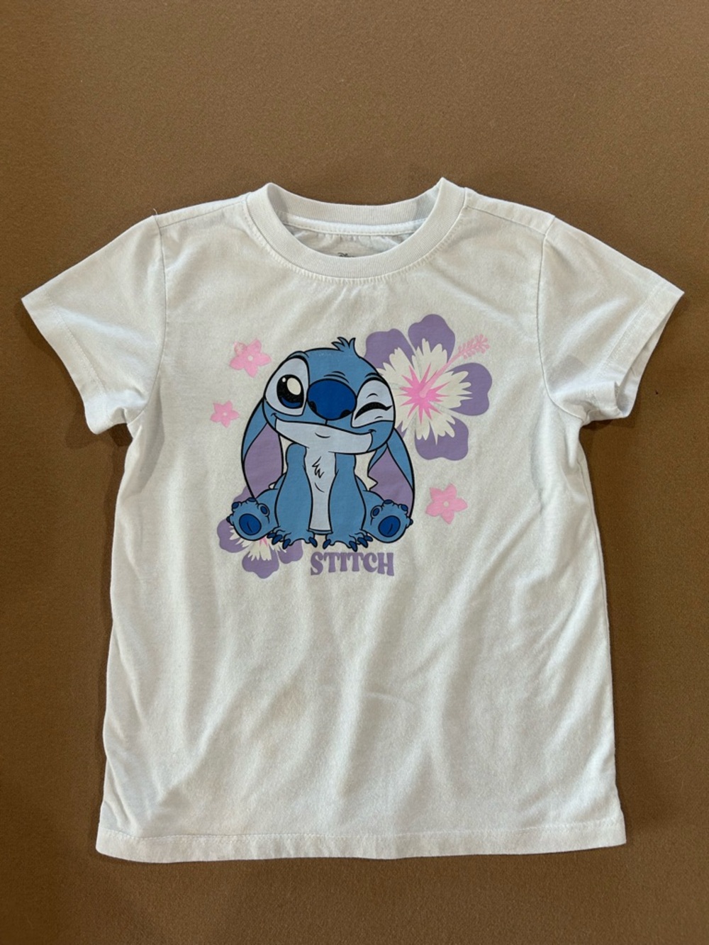 Disney White Tee with Blue Stitch and Pink & Purple Floral Art